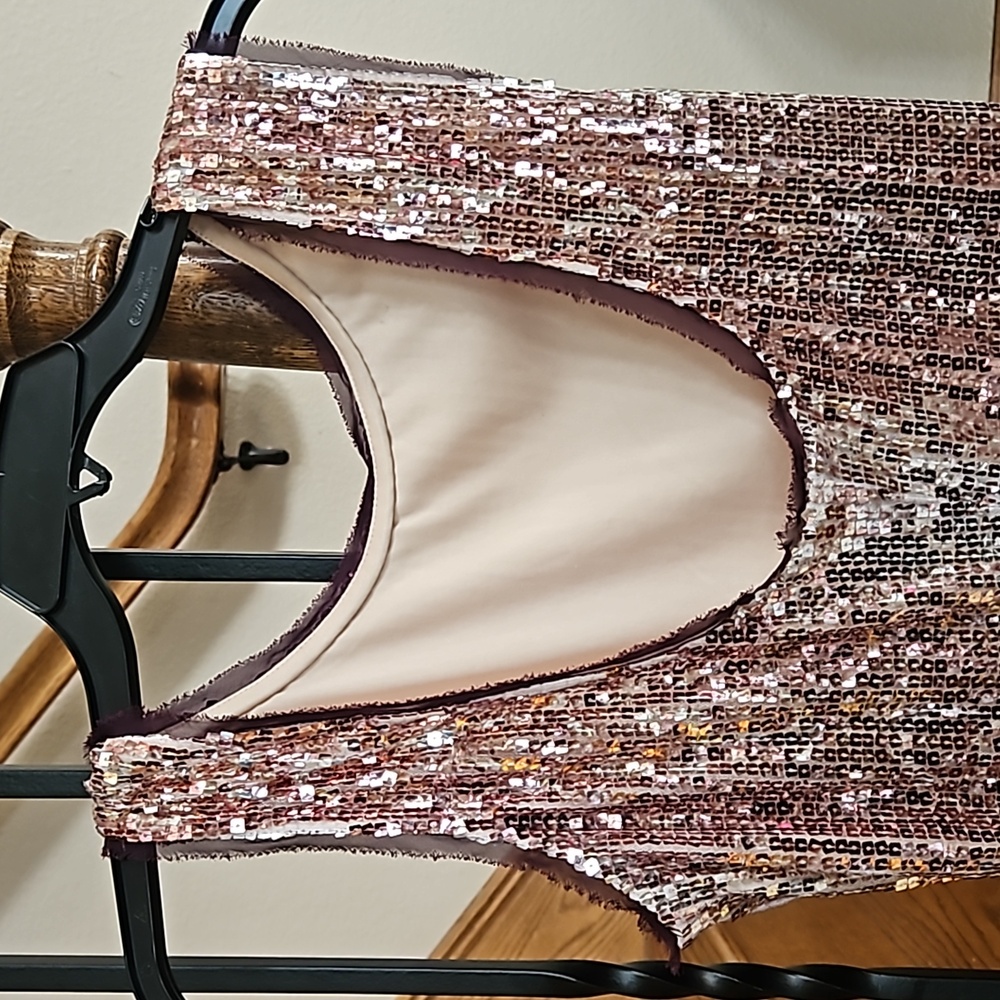 Boston Proper Pink Rose Gold Ruched Sequin Mini Cocktail Dress - Picture 3 of 13